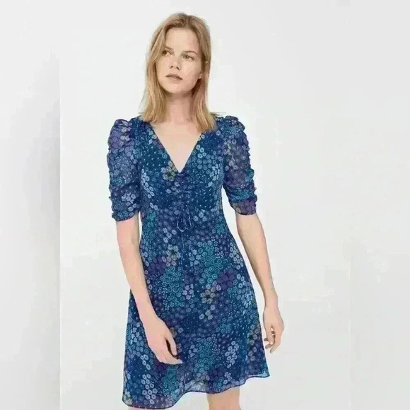 MANGO Floral Print Dress with Ruching in Blue and Purple Hues - Picture 4 of 14